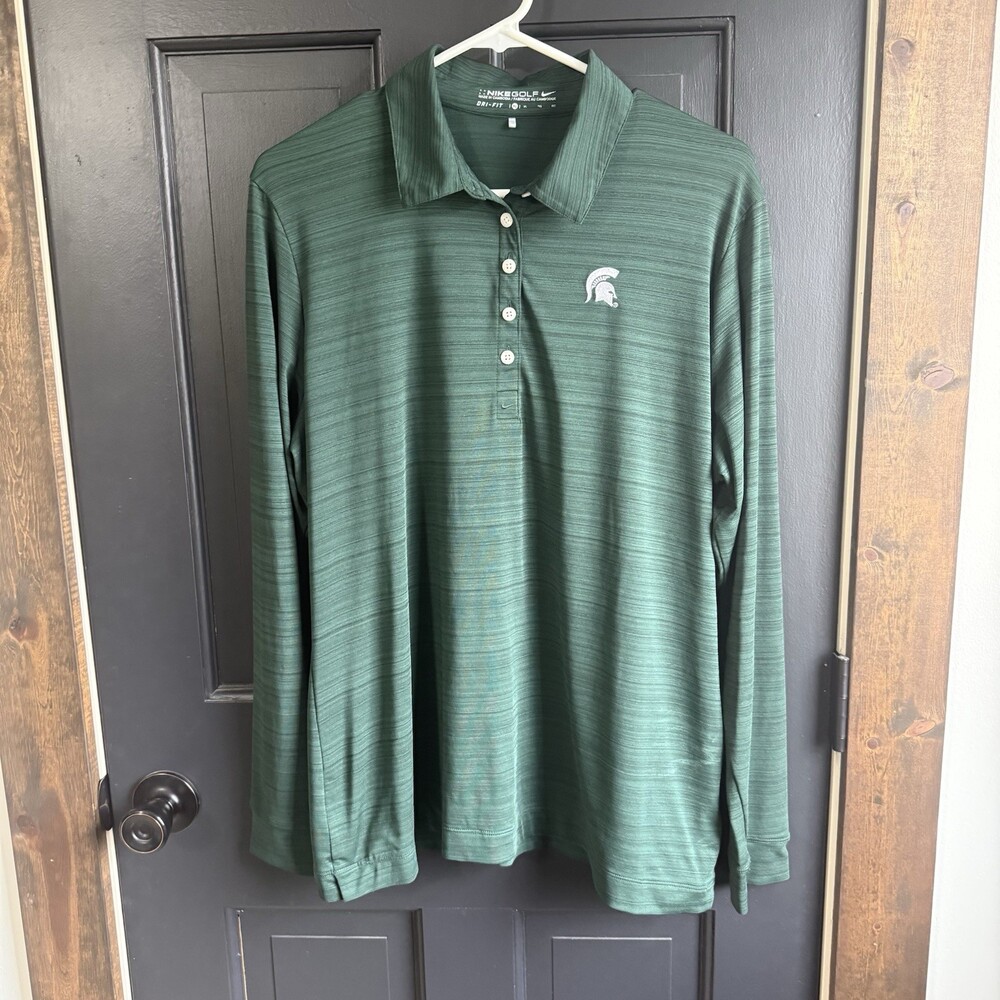 Nike Green Long-Sleeve Polo with White Logo Womens X-large